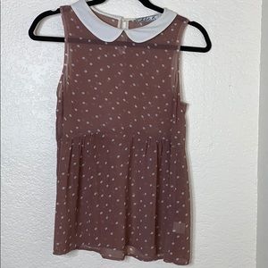Mauve sheer polka dot with white collar shirt